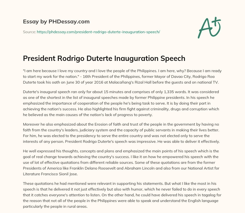 President Rodrigo Duterte Inauguration Speech essay