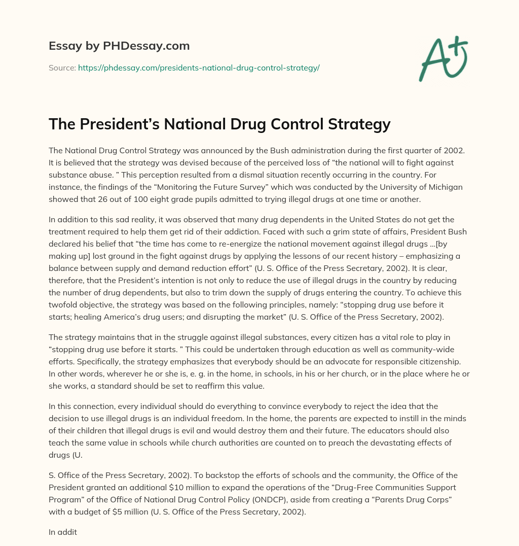 The President’s National Drug Control Strategy essay