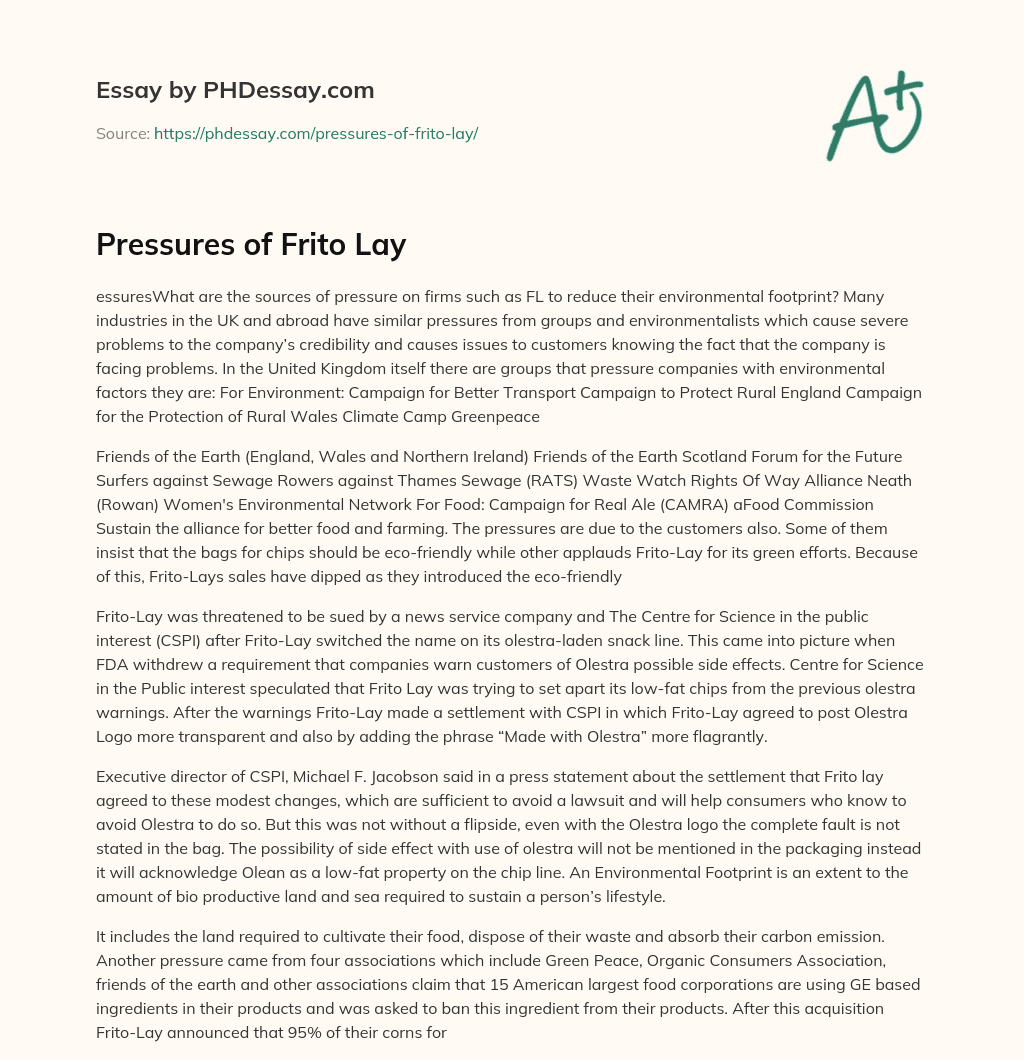 Pressures of Frito Lay essay