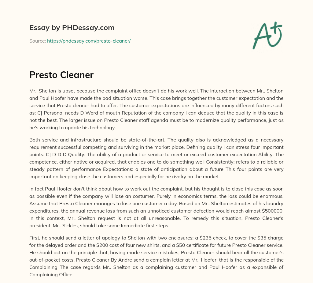 Presto Cleaner essay