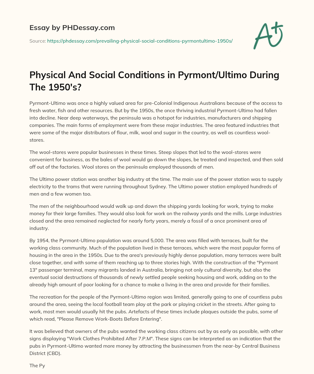Physical And Social Conditions in Pyrmont/Ultimo During The 1950’s? essay