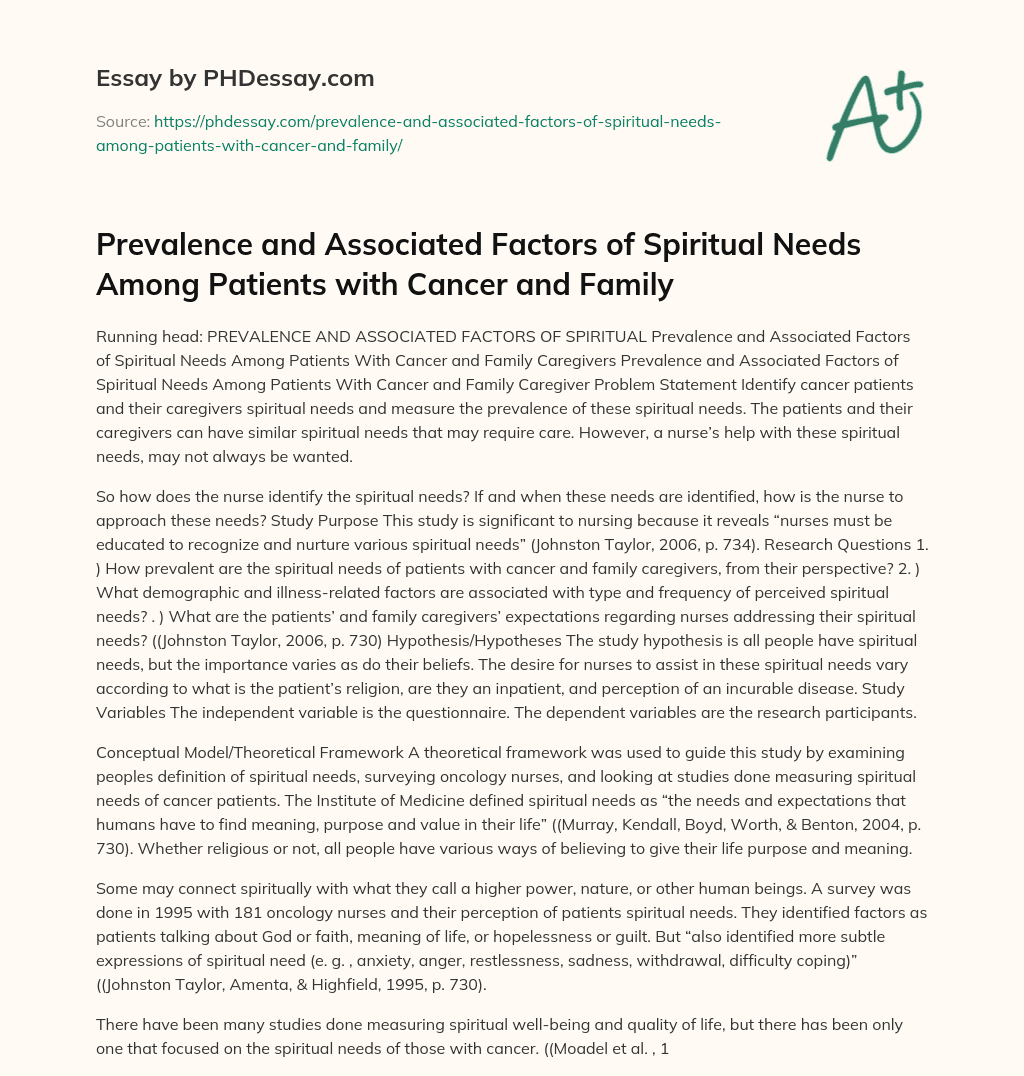 Prevalence and Associated Factors of Spiritual Needs Among Patients with Cancer and Family essay