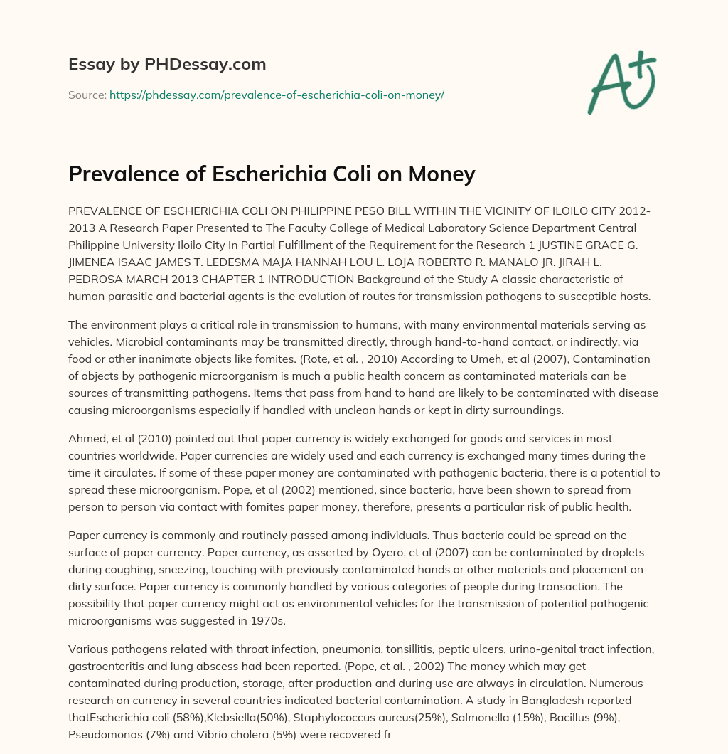 Prevalence of Escherichia Coli on Money essay