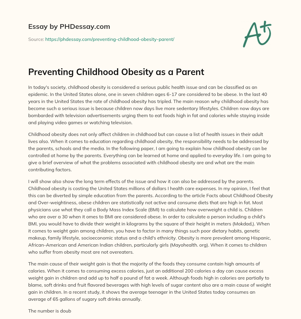 Preventing Childhood Obesity as a Parent essay