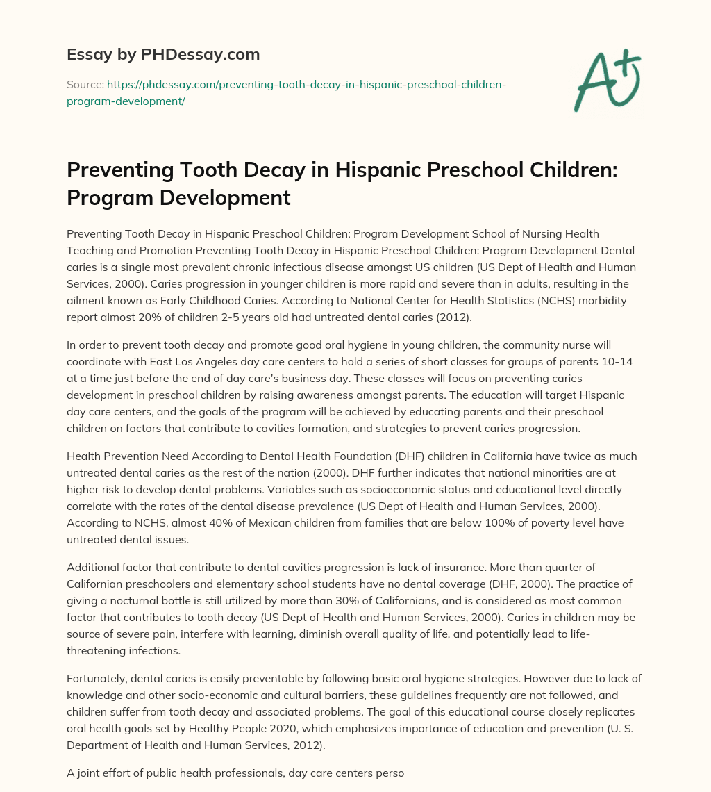 Preventing Tooth Decay in Hispanic Preschool Children: Program Development essay