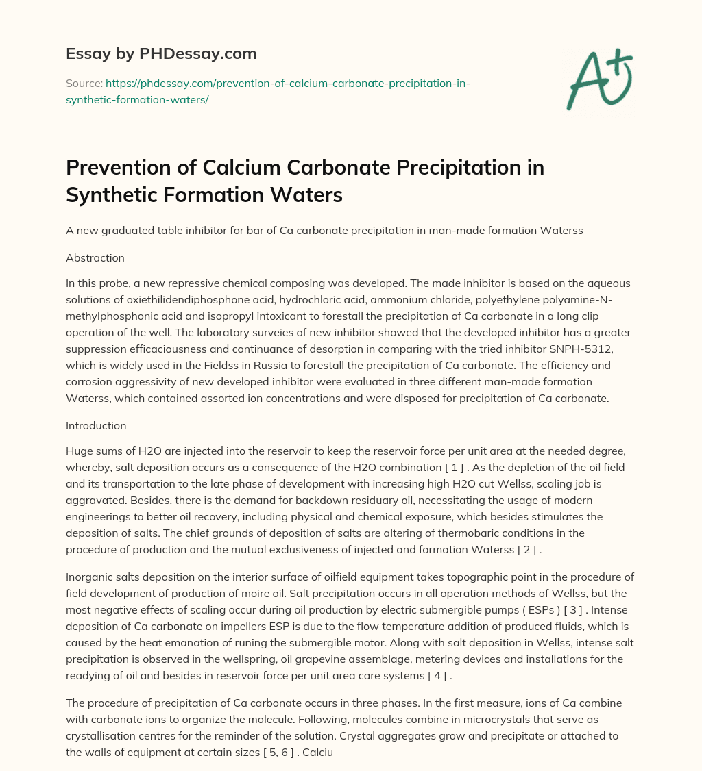 Prevention of Calcium Carbonate Precipitation in Synthetic Formation Waters essay