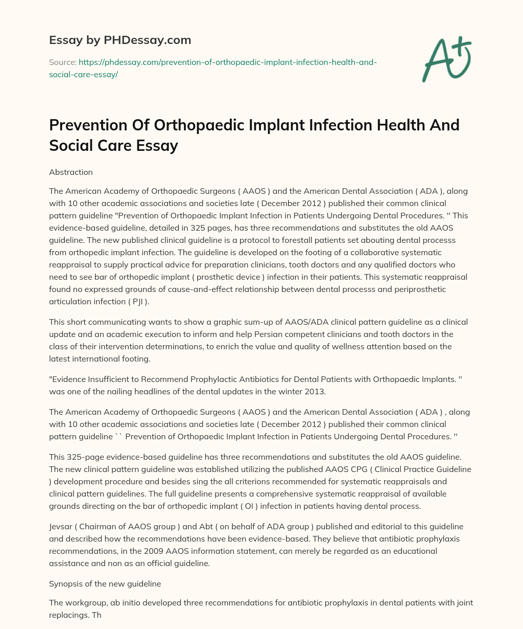 Prevention Of Orthopaedic Implant Infection Health And Social Care Essay essay