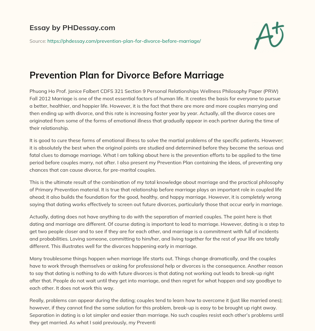 Prevention Plan for Divorce Before Marriage essay