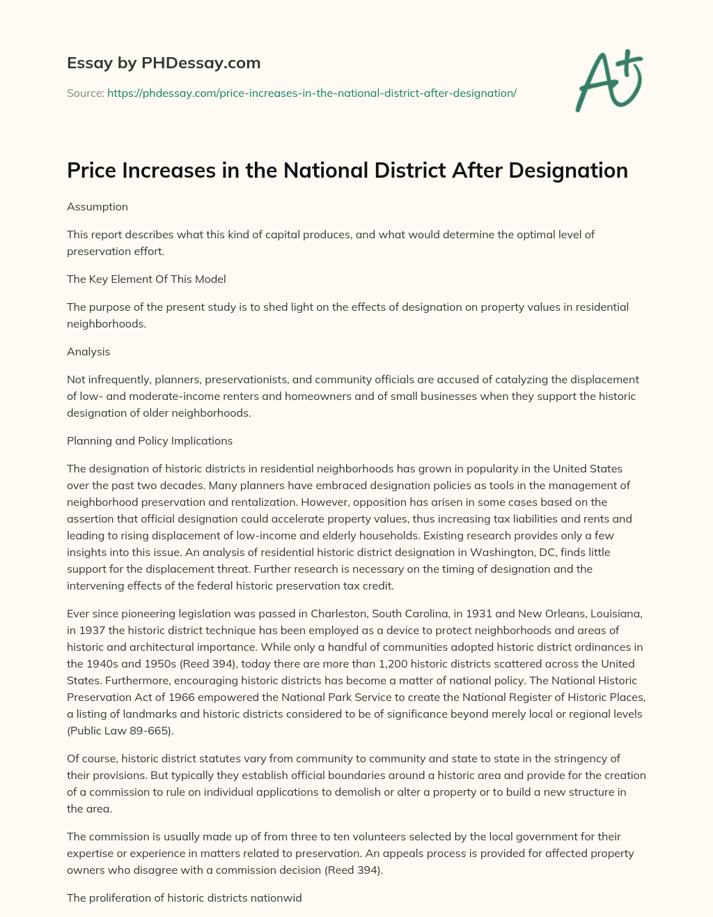 Price Increases in the National District After Designation essay