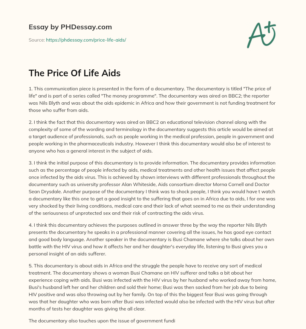 The Price Of Life Aids essay