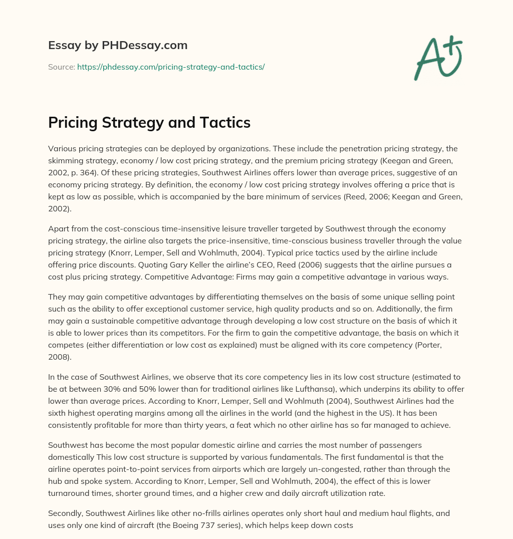 Pricing Strategy and Tactics essay