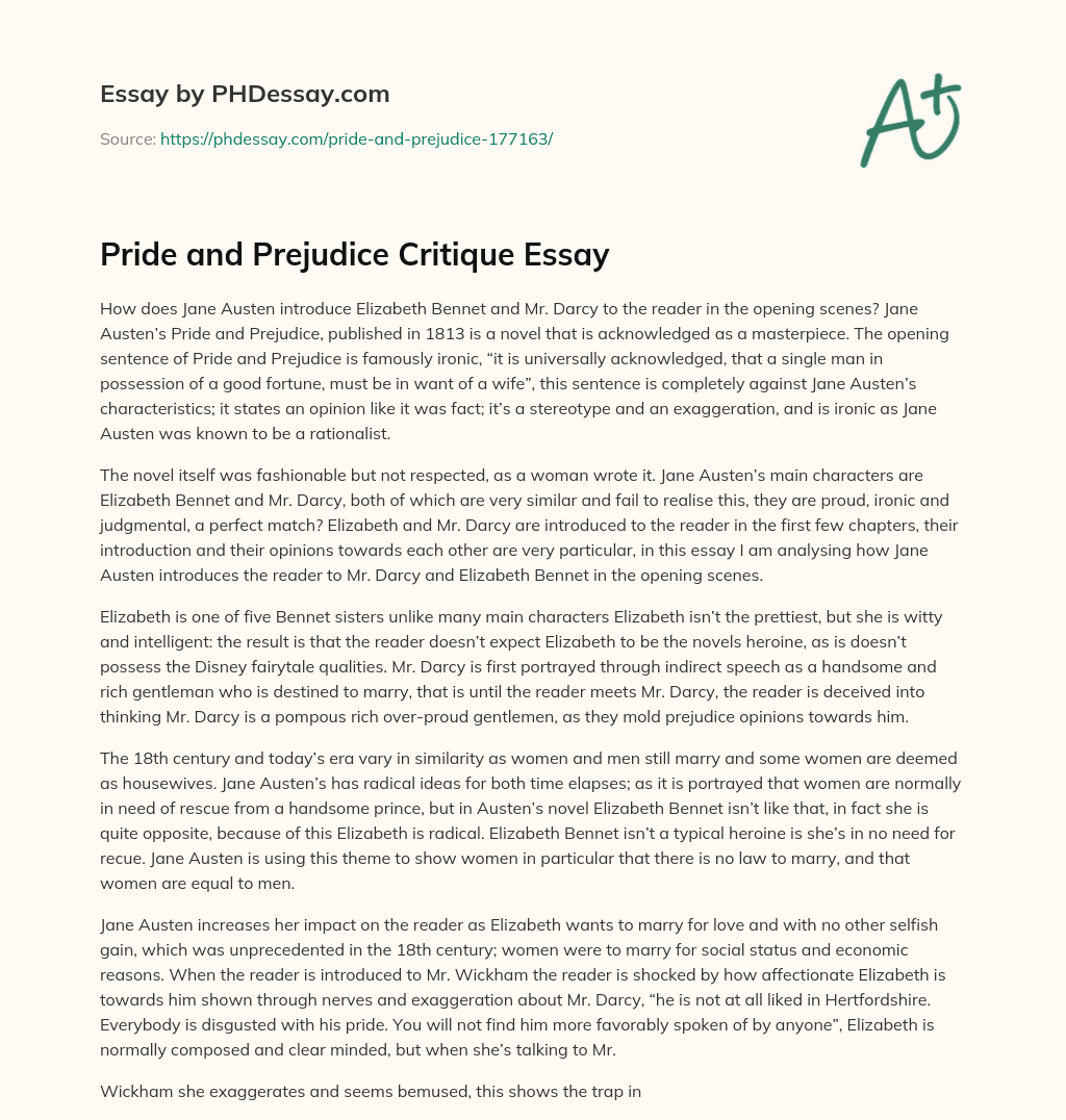 Pride and Prejudice Critique Essay essay