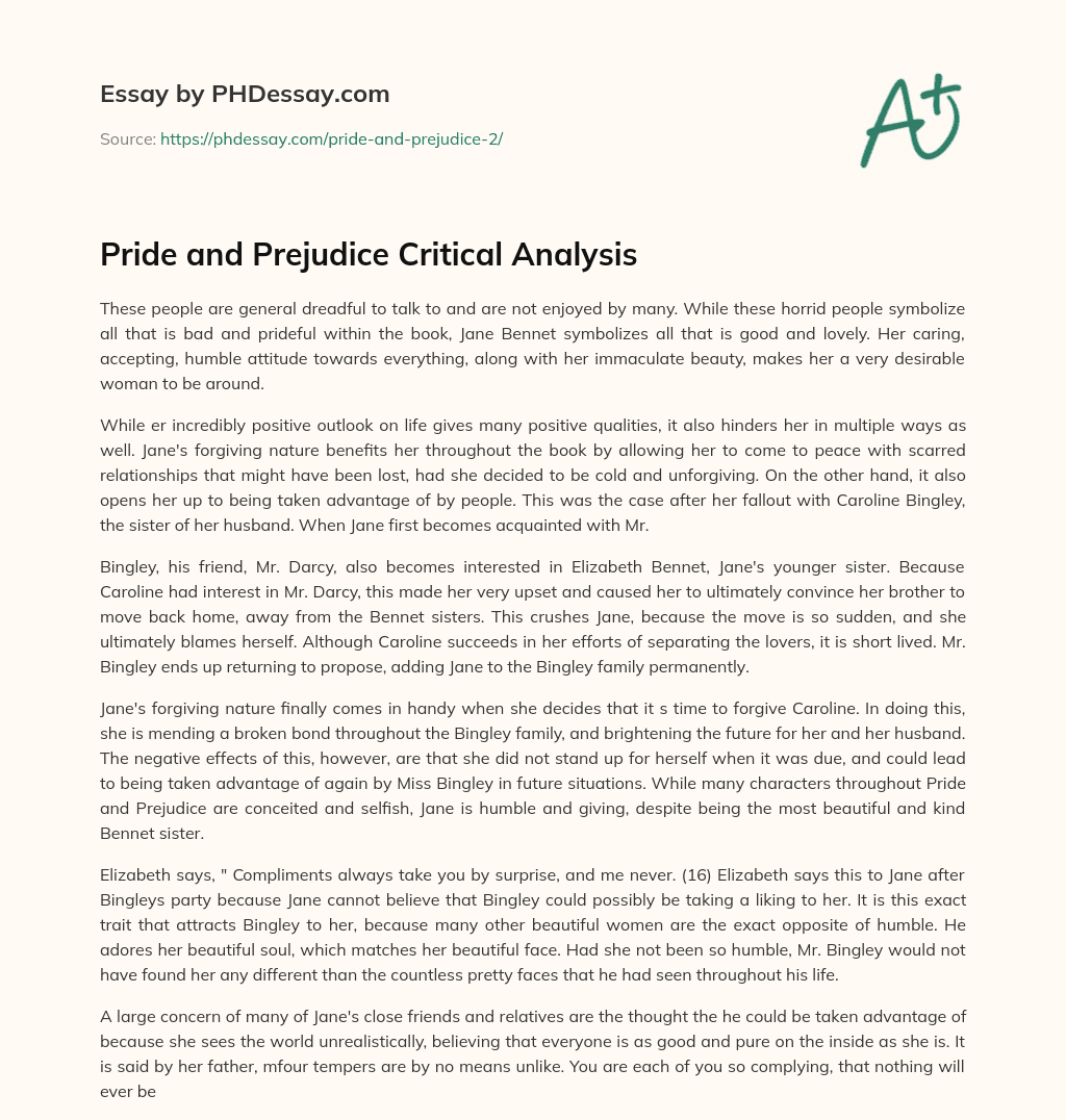 Pride and Prejudice Critical Analysis essay