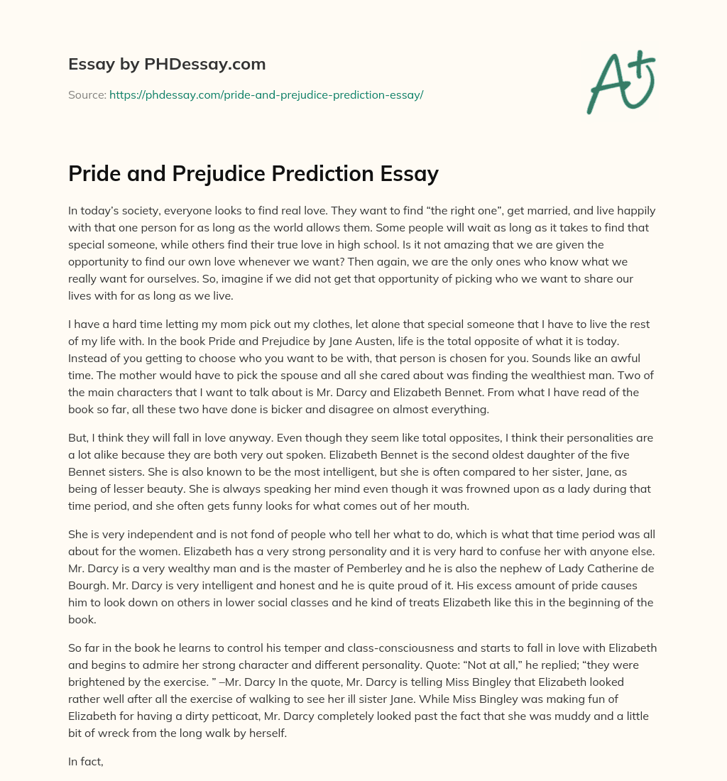 Pride and Prejudice Prediction Essay essay