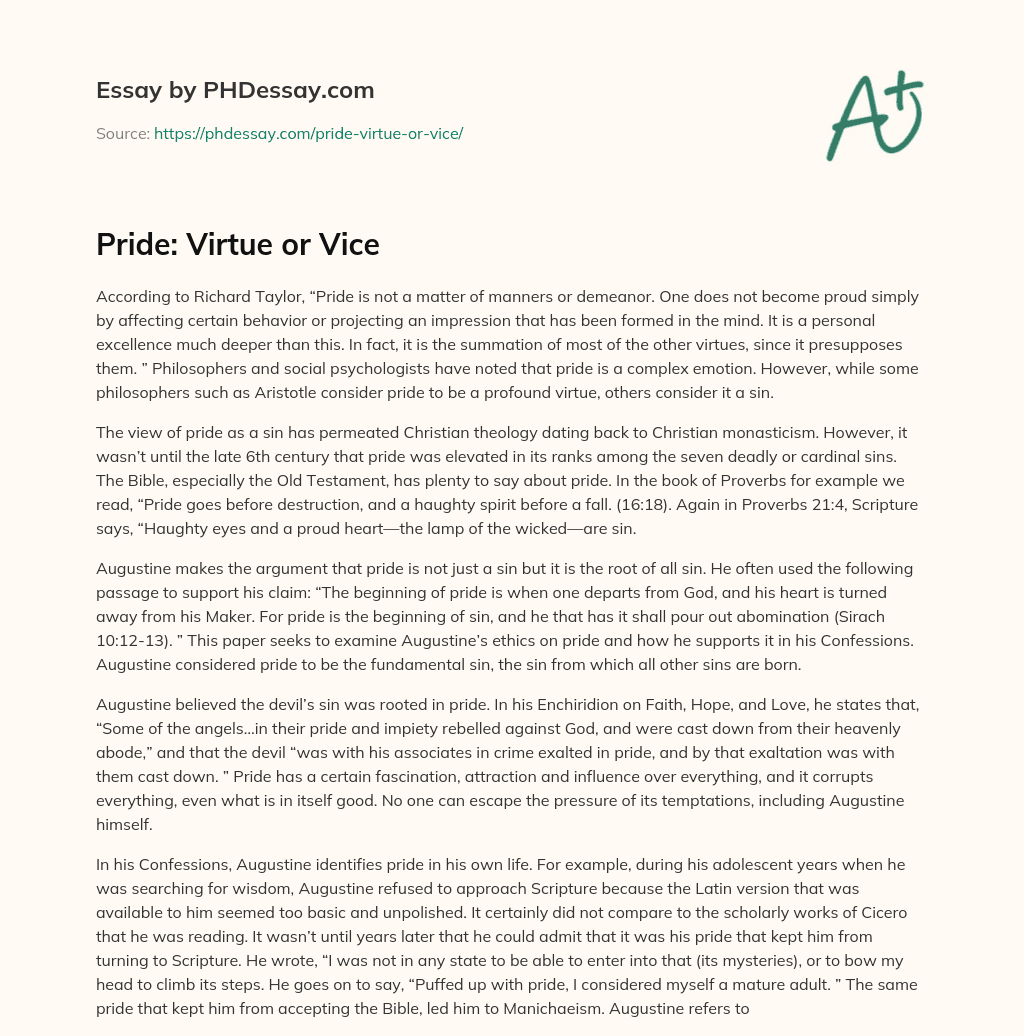 Pride: Virtue or Vice essay