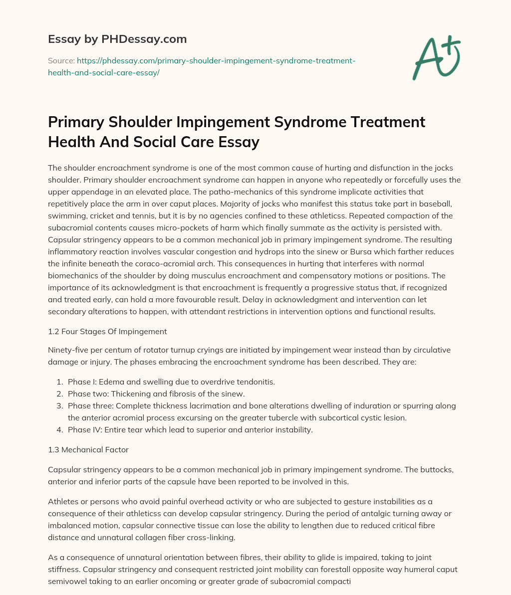Primary Shoulder Impingement Syndrome Treatment Health And Social Care Essay essay