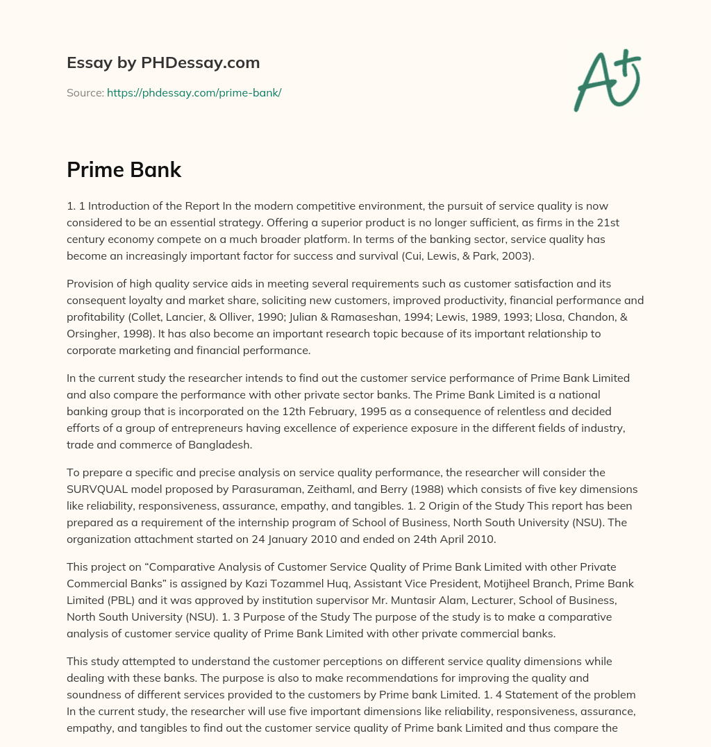 Importance of Service Quality in the Banking Sector: A Study on Prime Bank Limited and Other Private Sector Banks essay