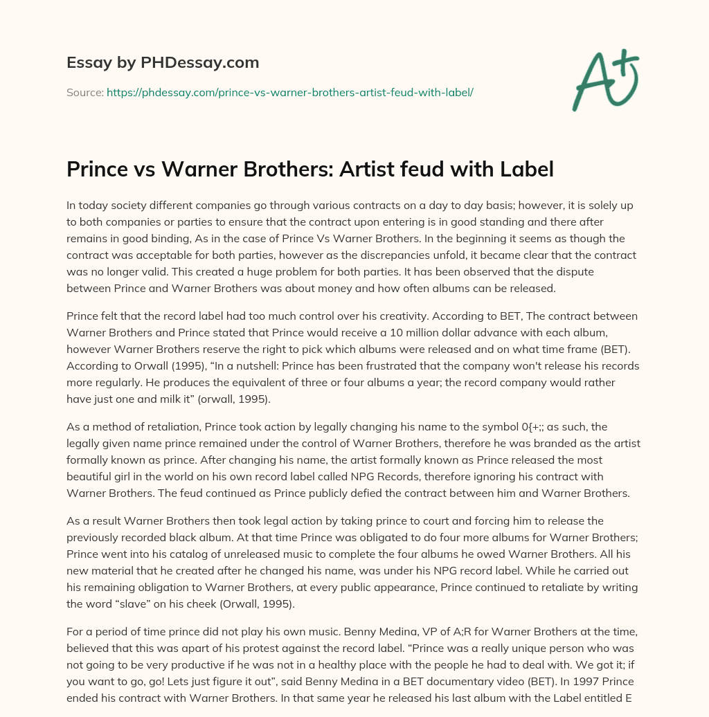 Prince vs Warner Brothers: Artist feud with Label essay