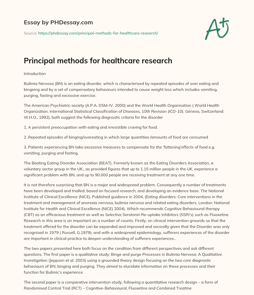 Principal methods for healthcare research essay