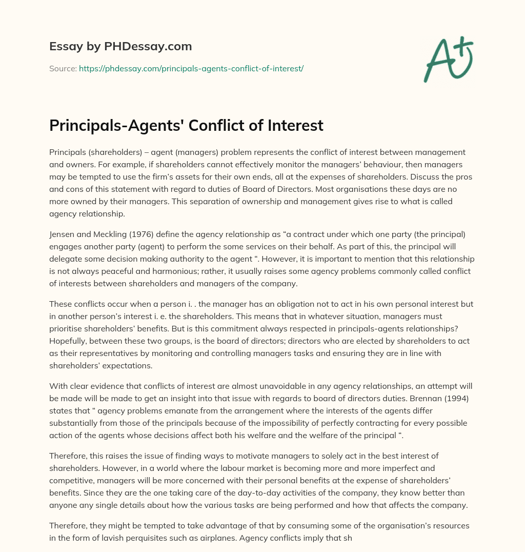 Principals-Agents’ Conflict of Interest essay