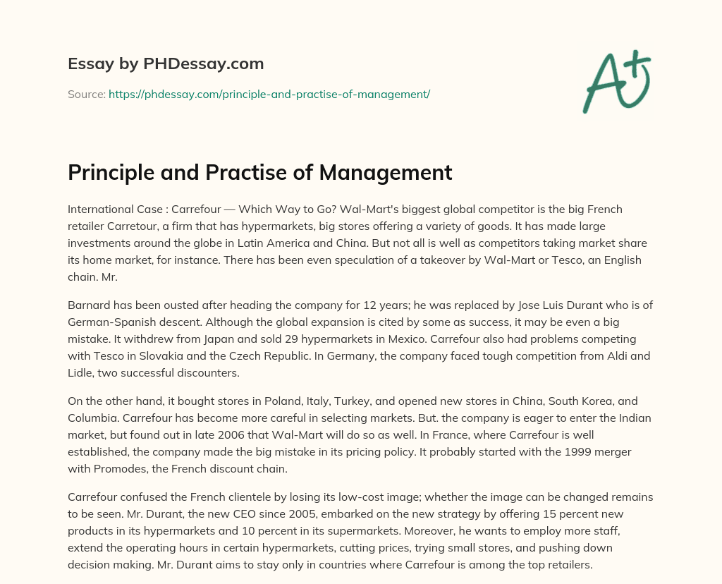 Principle and Practise of Management essay