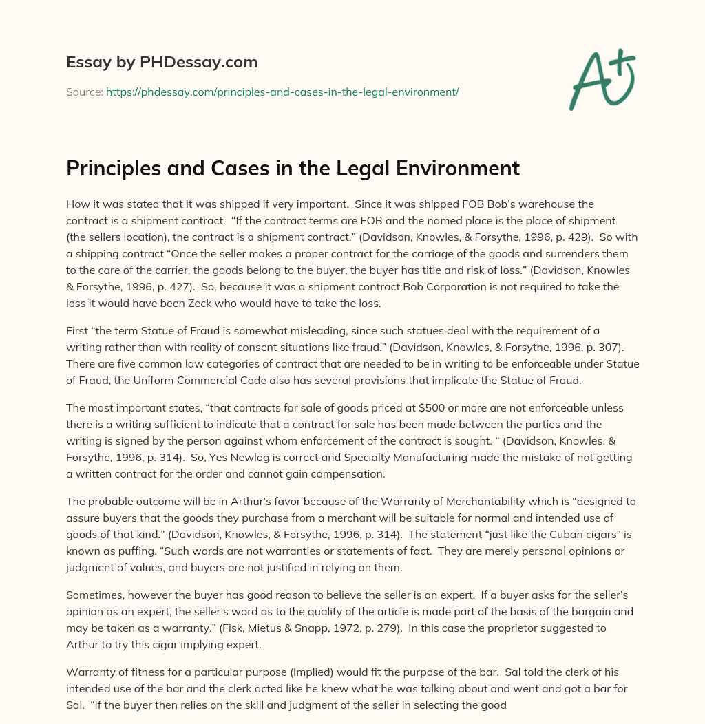 Principles and Cases in the Legal Environment essay