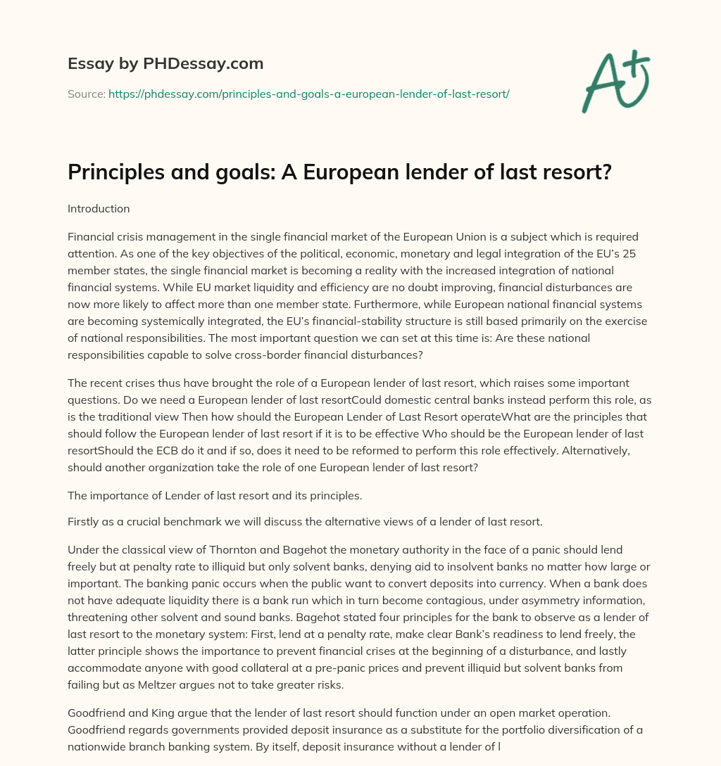 Principles and goals: A European lender of last resort? essay