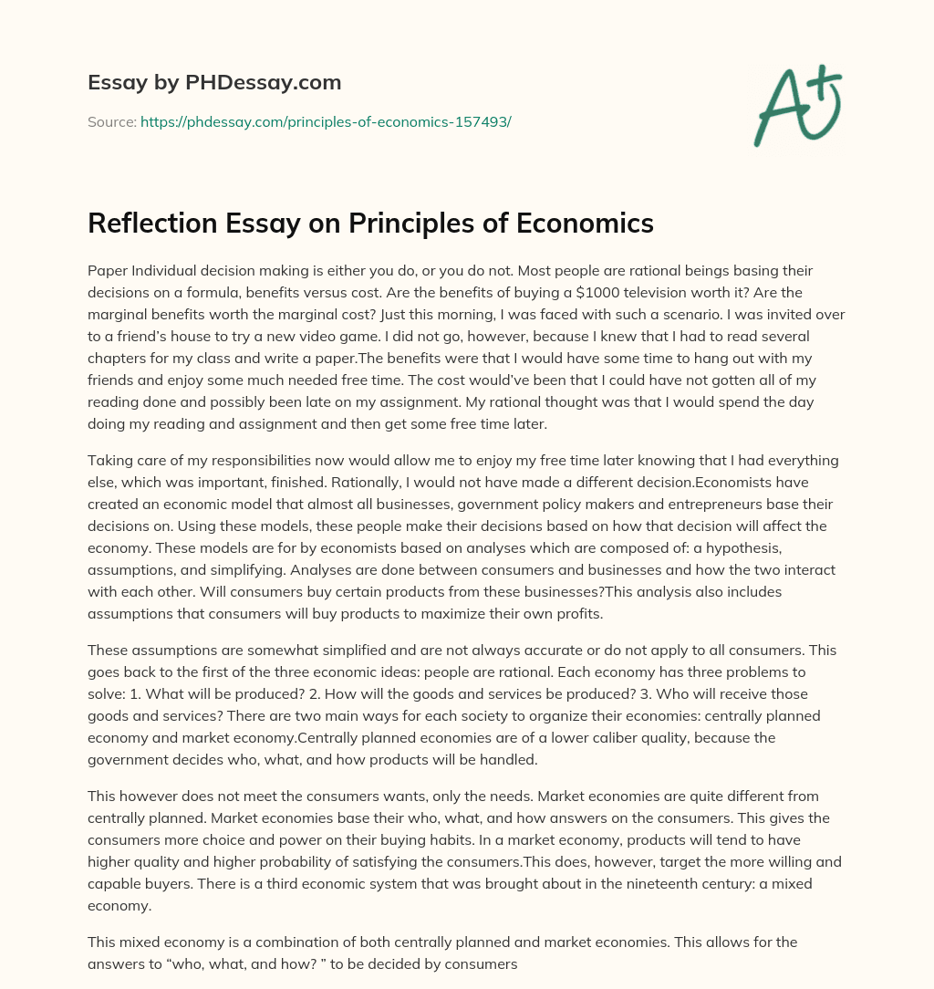 Reflection Essay on Principles of Economics essay