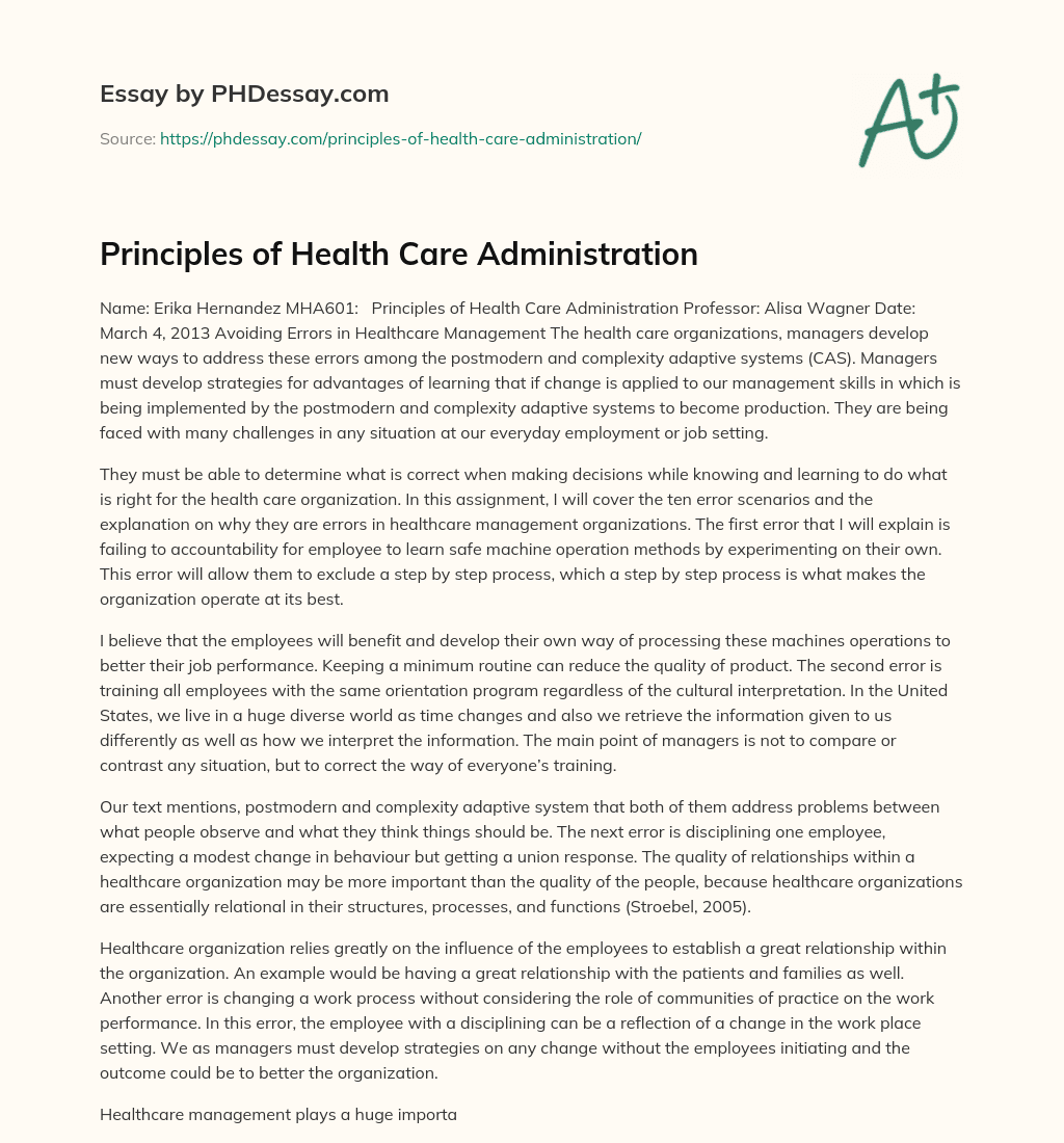 Principles of Health Care Administration essay