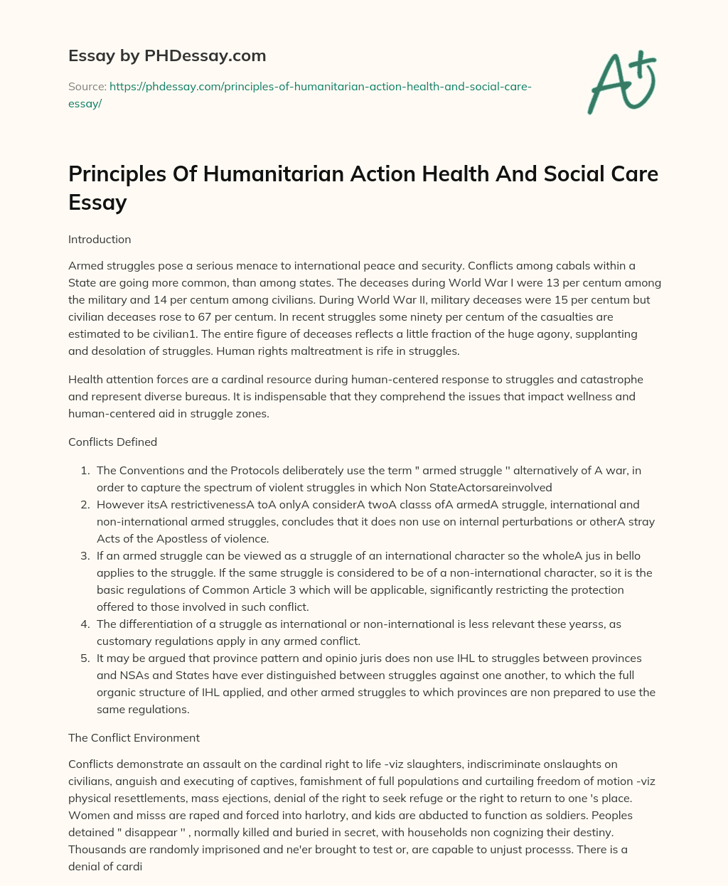 Principles Of Humanitarian Action Health And Social Care Essay essay