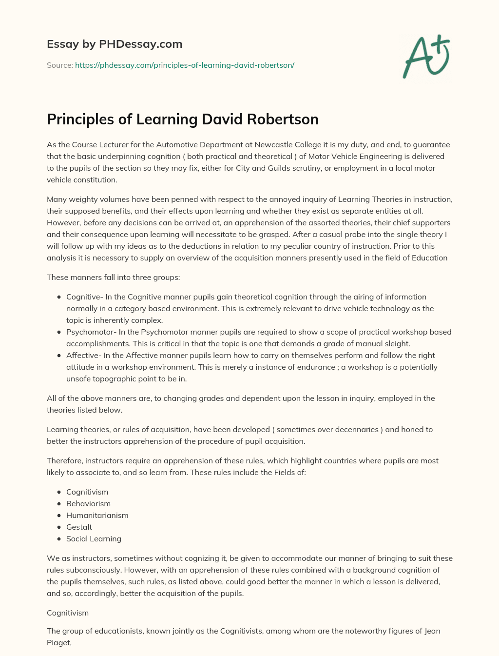 Principles of Learning David Robertson essay
