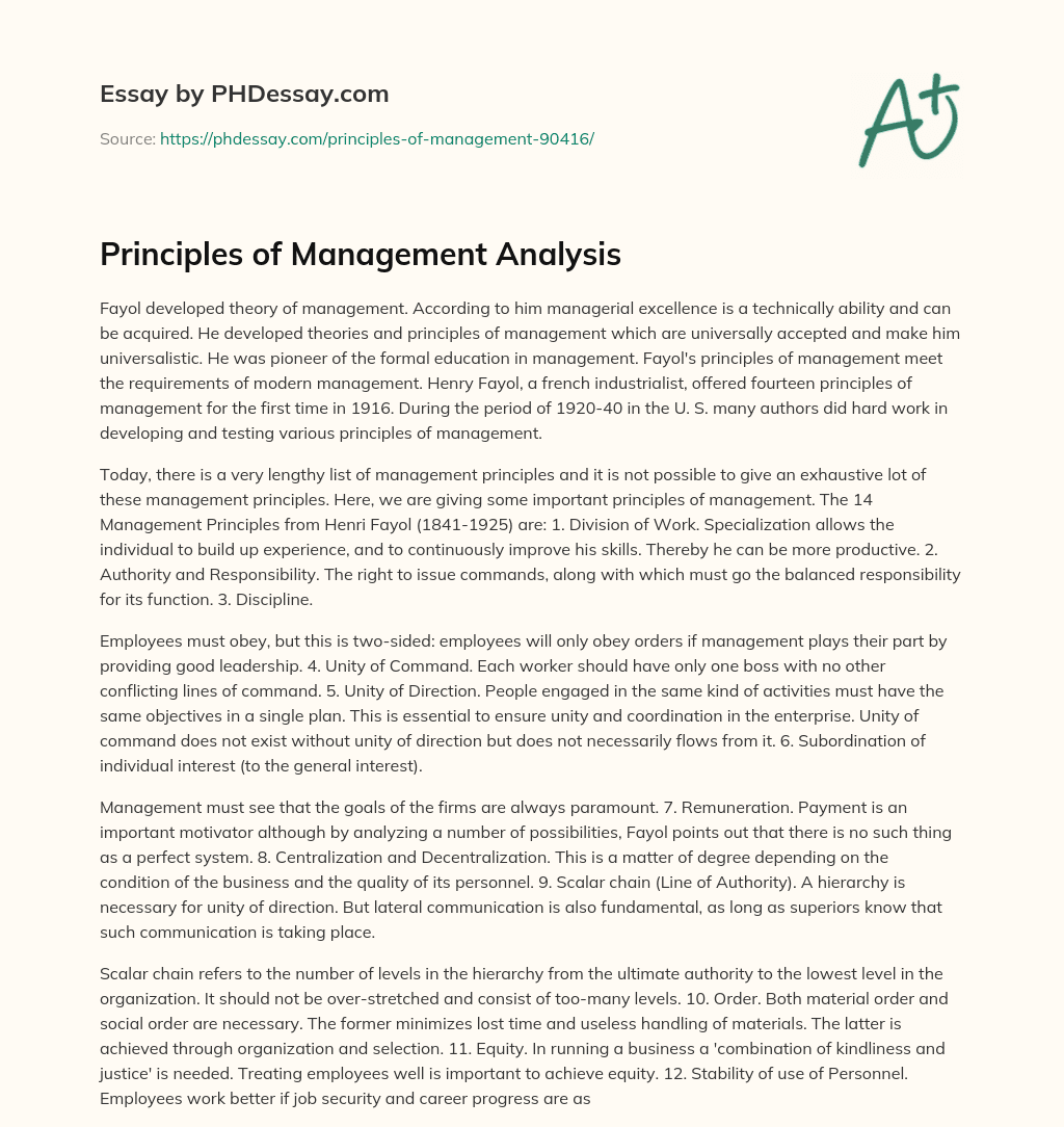 Principles of Management Analysis essay
