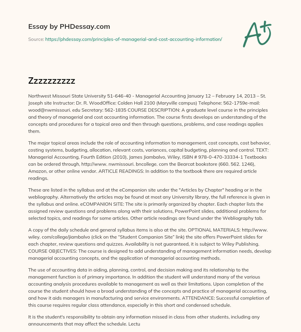 Graduate Course in Managerial Accounting at Northwest Missouri State University essay
