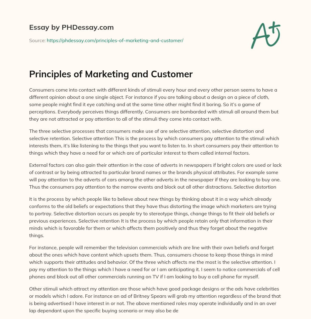 Principles of Marketing and Customer essay