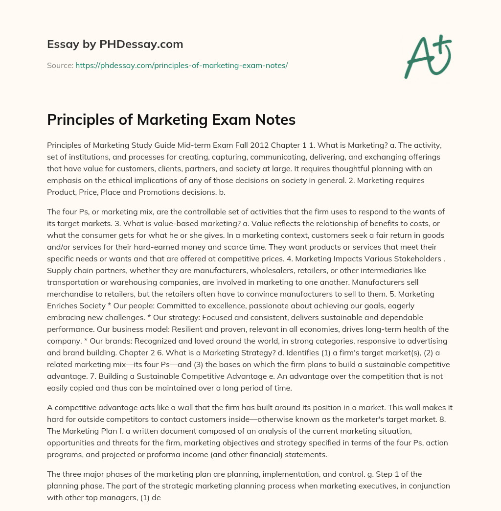 Principles of Marketing Exam Notes essay