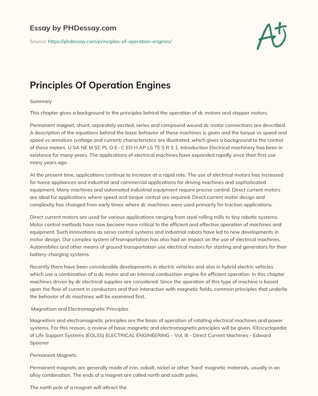 Principles Of Operation Engines essay
