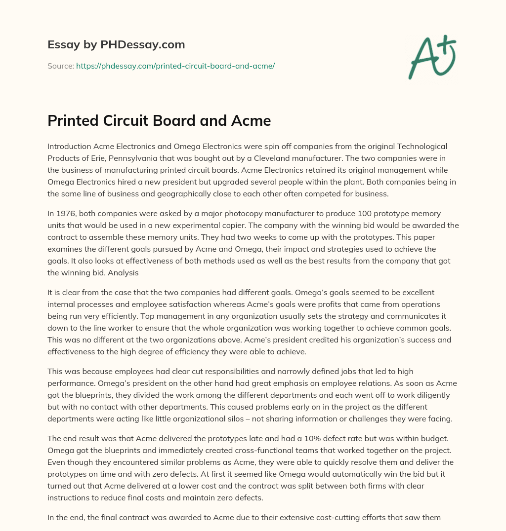 Printed Circuit Board and Acme essay