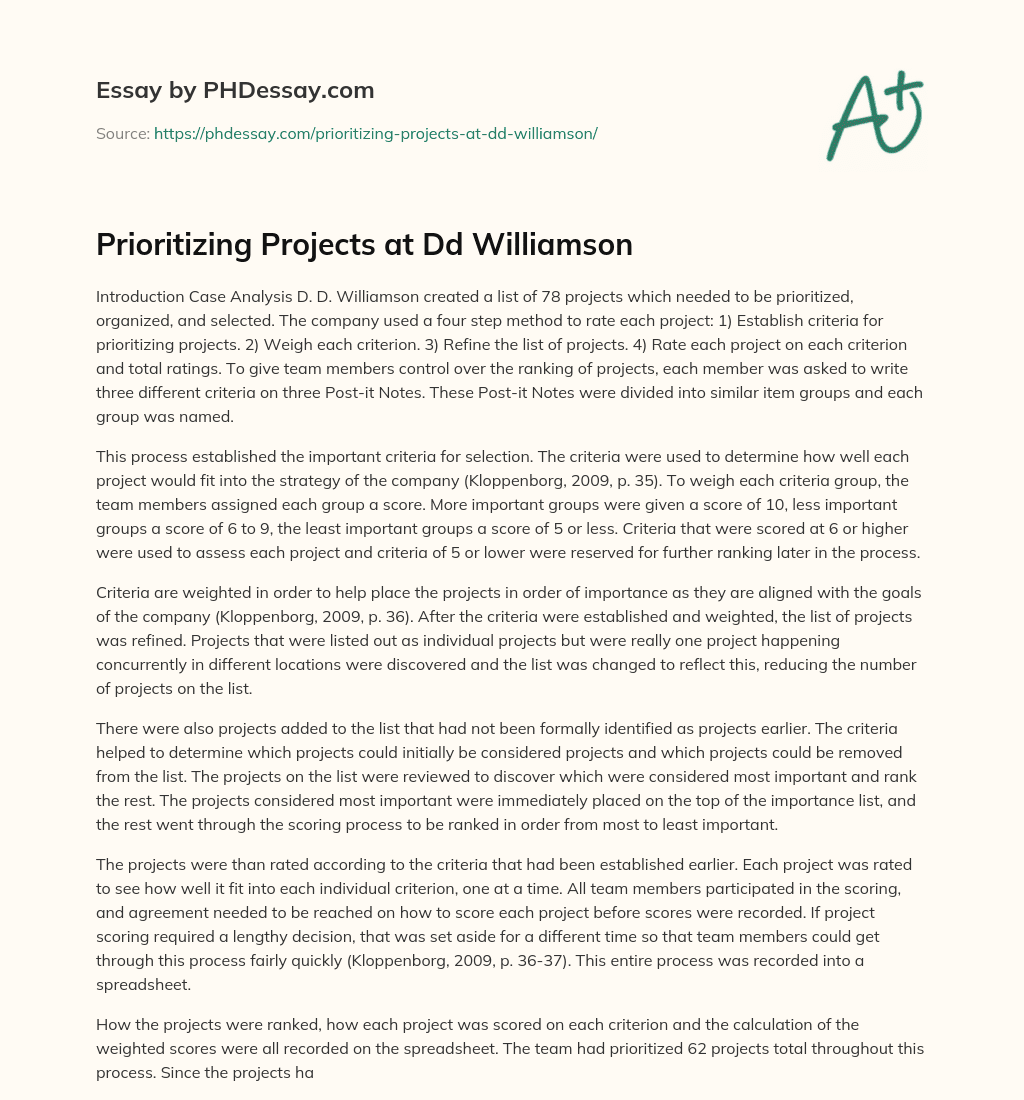 Prioritizing Projects at Dd Williamson essay