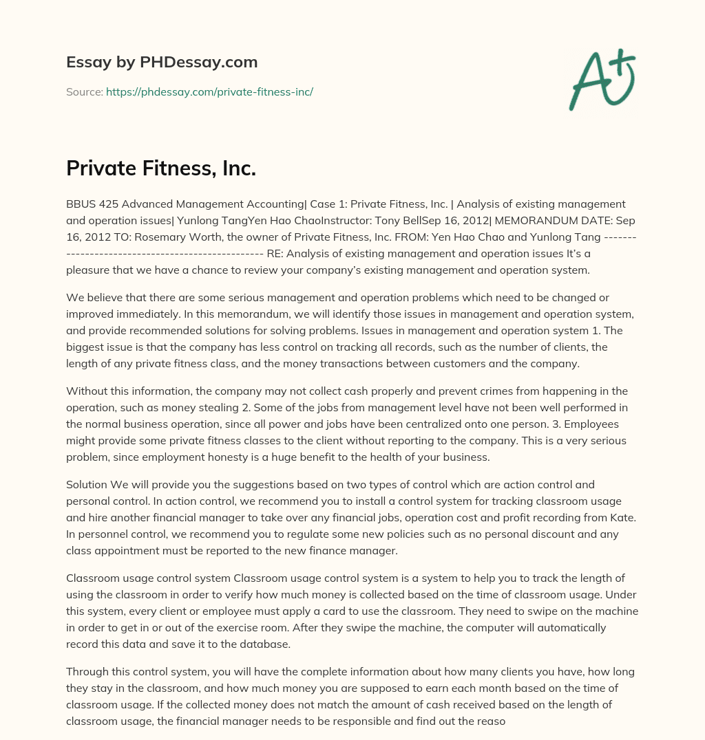 Analysis of Management and Operation Issues at Private Fitness, Inc essay