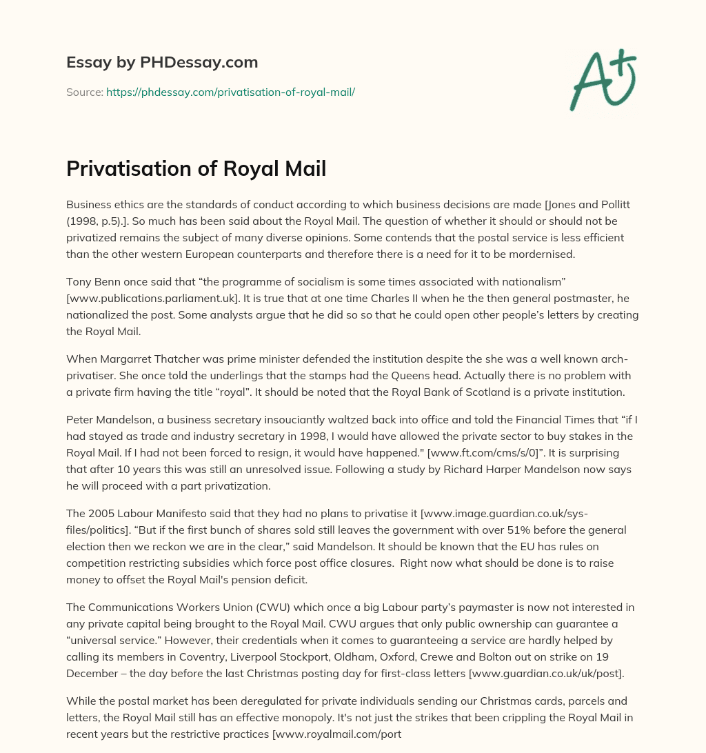Privatisation of Royal Mail essay