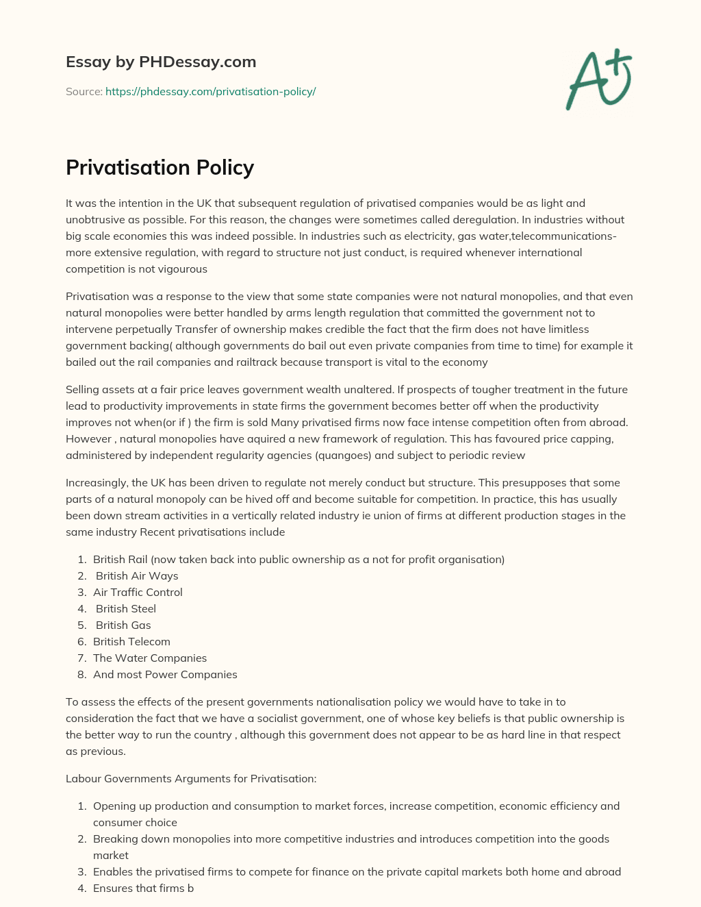 Privatisation Policy essay