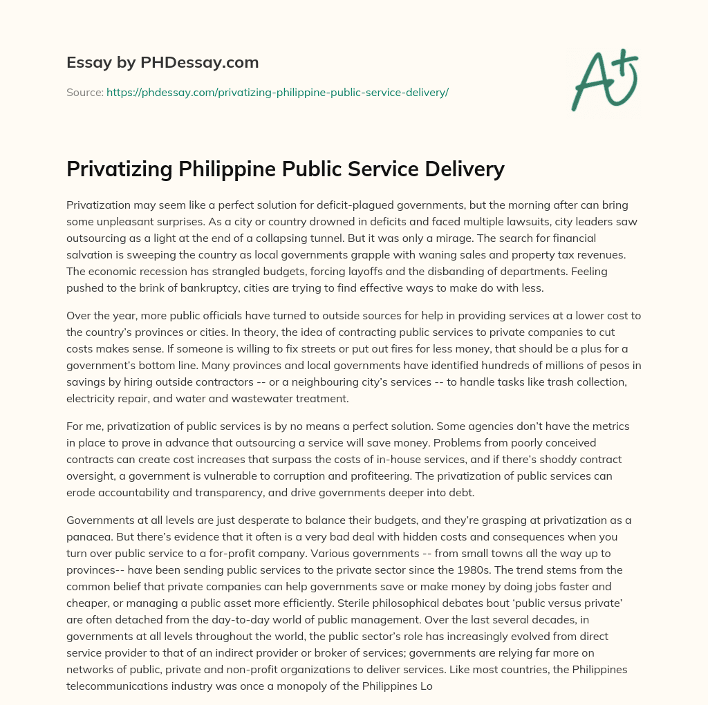 Privatizing Philippine Public Service Delivery essay