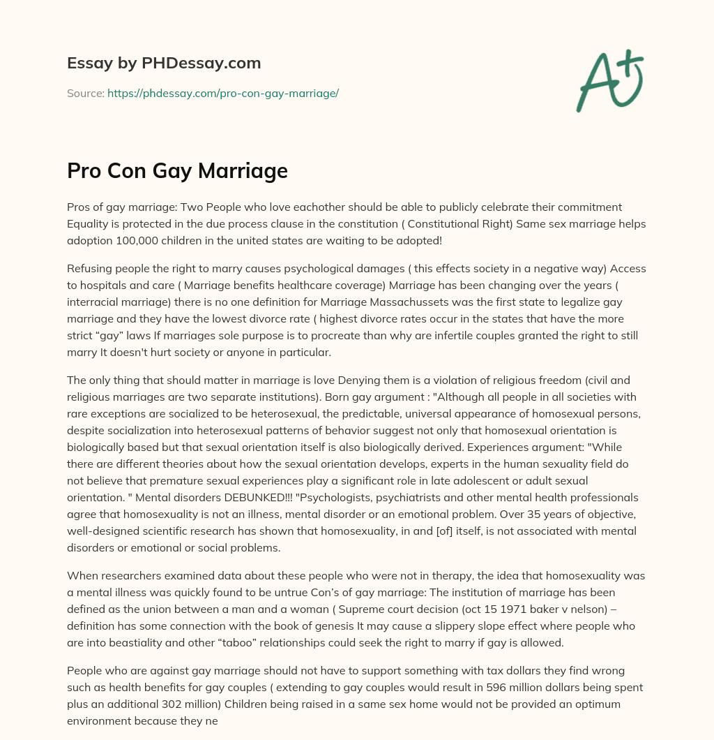 Pro Con Gay Marriage essay
