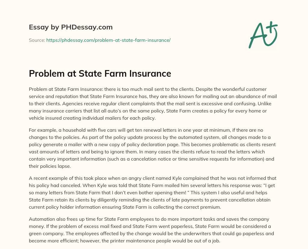 Problem at State Farm Insurance essay