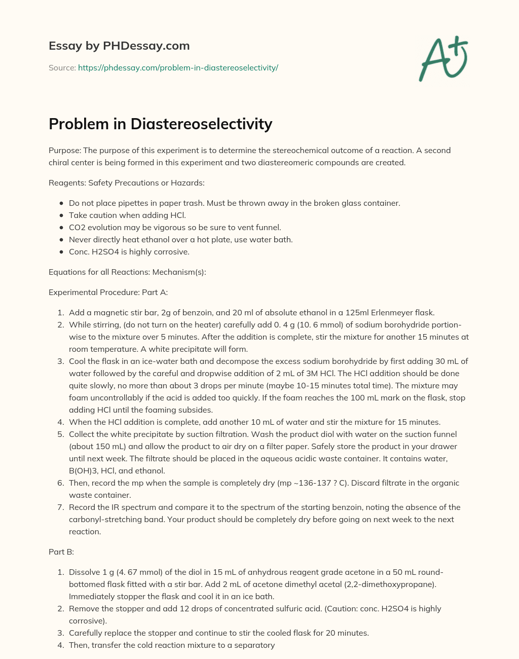 Problem in Diastereoselectivity essay