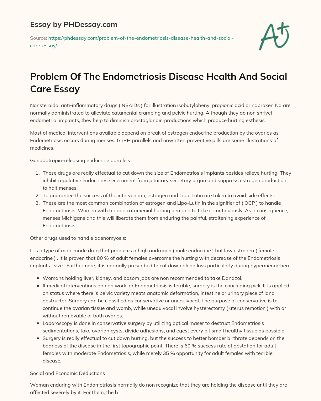 Problem Of The Endometriosis Disease Health And Social Care Essay essay