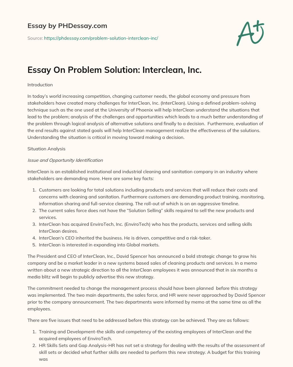 Essay On Problem Solution: Interclean, Inc. essay