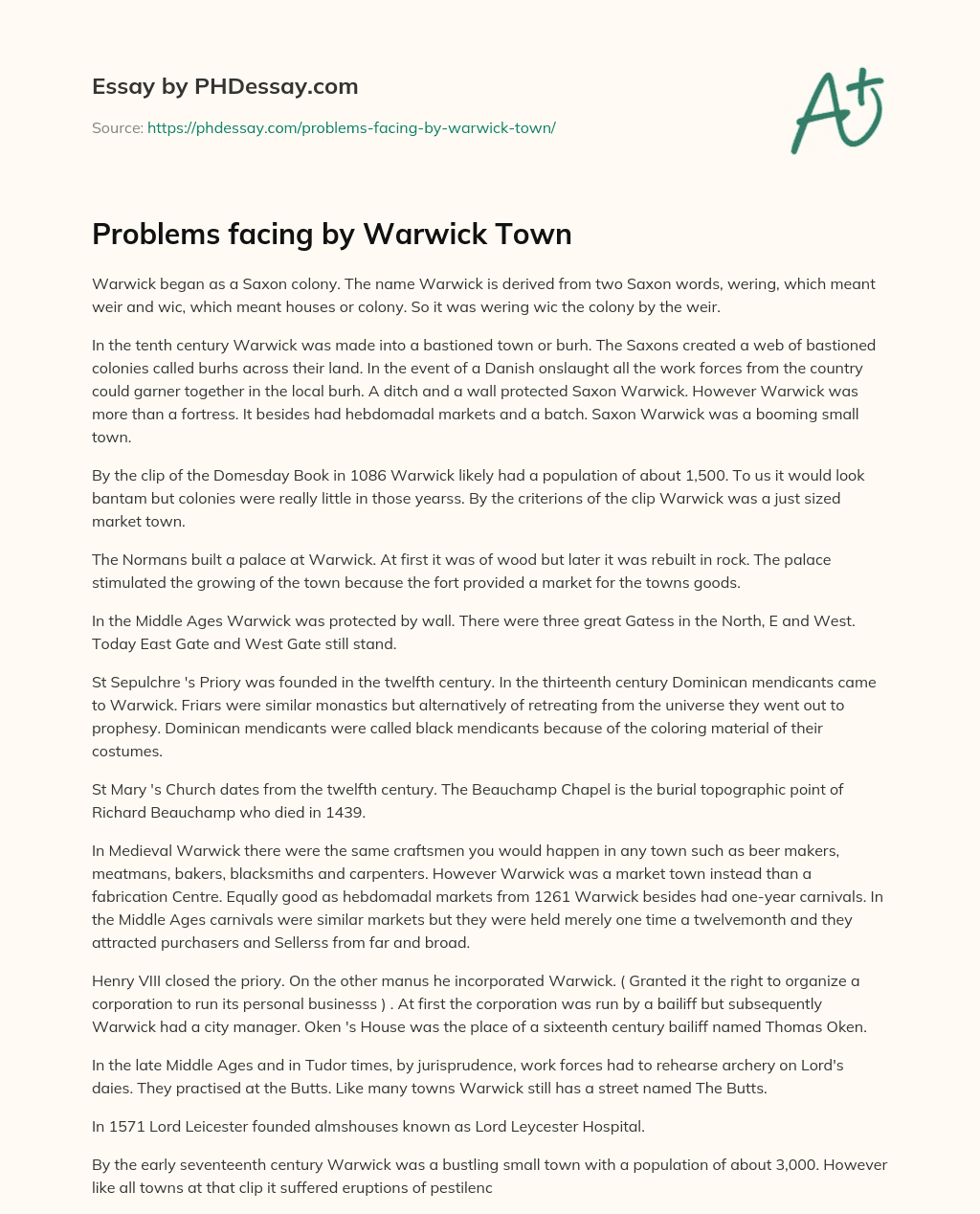 Problems facing by Warwick Town essay