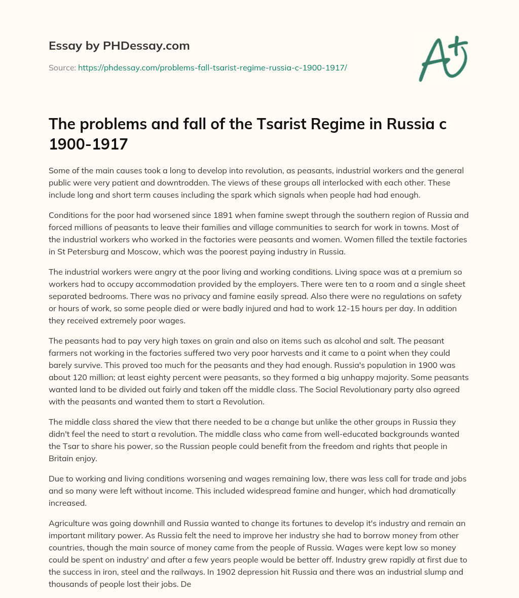 The problems and fall of the Tsarist Regime in Russia c 1900-1917 essay