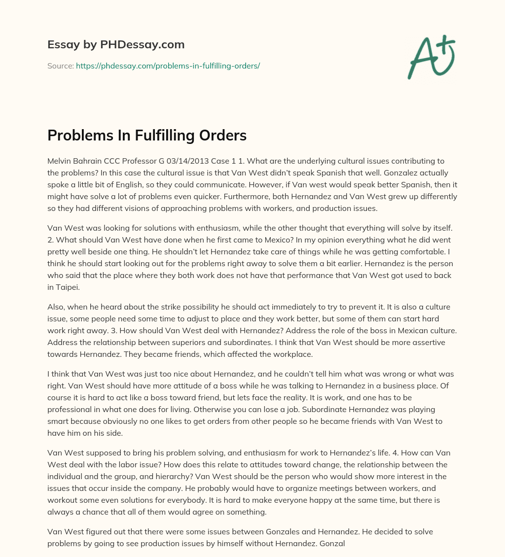 Problems In Fulfilling Orders essay